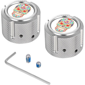 FIGURATI DESIGNS Axle Nut Cover - Front - Stainless Steel - Sugar Skull - Silver FD30-FAC-SS