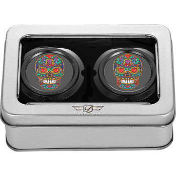 FIGURATI DESIGNS Axle Nut Cover - Front - Stainless Steel - Sugar Skull - Black FD30-FAC-BLK