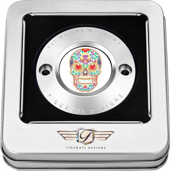 FIGURATI DESIGNS Timing Cover - 2 Hole - Sugar Skull - Mirror Polished - Stainless Steel FD30-TC-2H-SS