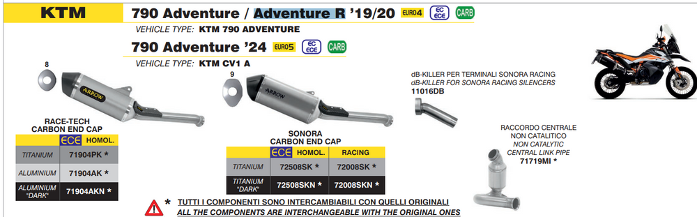 71904AK  Arrow Race-Tech Slip-on Exhaust, Aluminum for KTM 790/890 Adventure / R 19024