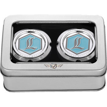 FIGURATI DESIGNS Axle Nut Cover - Front - Stainless Steel - Legends Suspension Logo - Silver FD02-FAC-SS