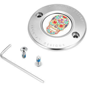 FIGURATI DESIGNS Timing Cover - 2 Hole - Sugar Skull - Mirror Polished - Stainless Steel FD30-TC-2H-SS
