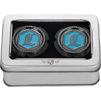 FIGURATI DESIGNS Axle Nut Cover - Front - Stainless Steel - Legends Suspension Logo - Black FD02-FAC-BLK