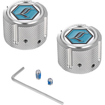 FIGURATI DESIGNS Axle Nut Cover - Front - Stainless Steel - Legends Suspension Logo - Silver FD02-FAC-SS