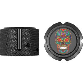 FIGURATI DESIGNS Axle Nut Cover - Front - Stainless Steel - Sugar Skull - Black FD30-FAC-BLK