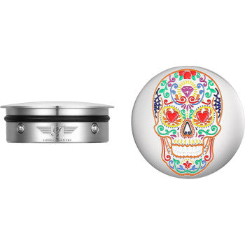FIGURATI DESIGNS Swing Arm Covers - Sugar Skull - Polished - Stainless Steel FD30-SAC-SS