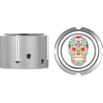 FIGURATI DESIGNS Axle Nut Cover - Front - Stainless Steel - Sugar Skull - Silver FD30-FAC-SS