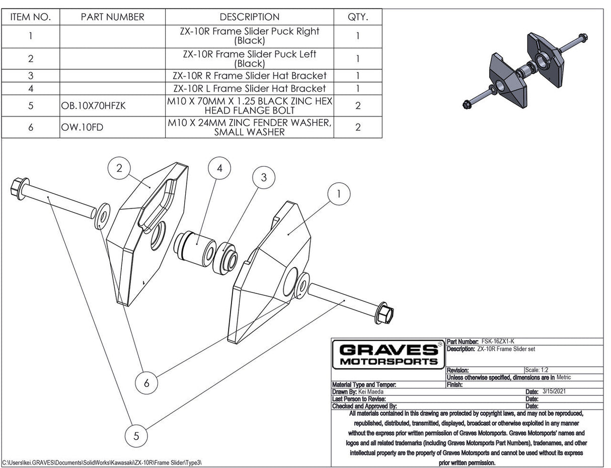 Graves Motorsports Frame Sliders For Zx-10r 2016-2024 Fsk-16zx1-K