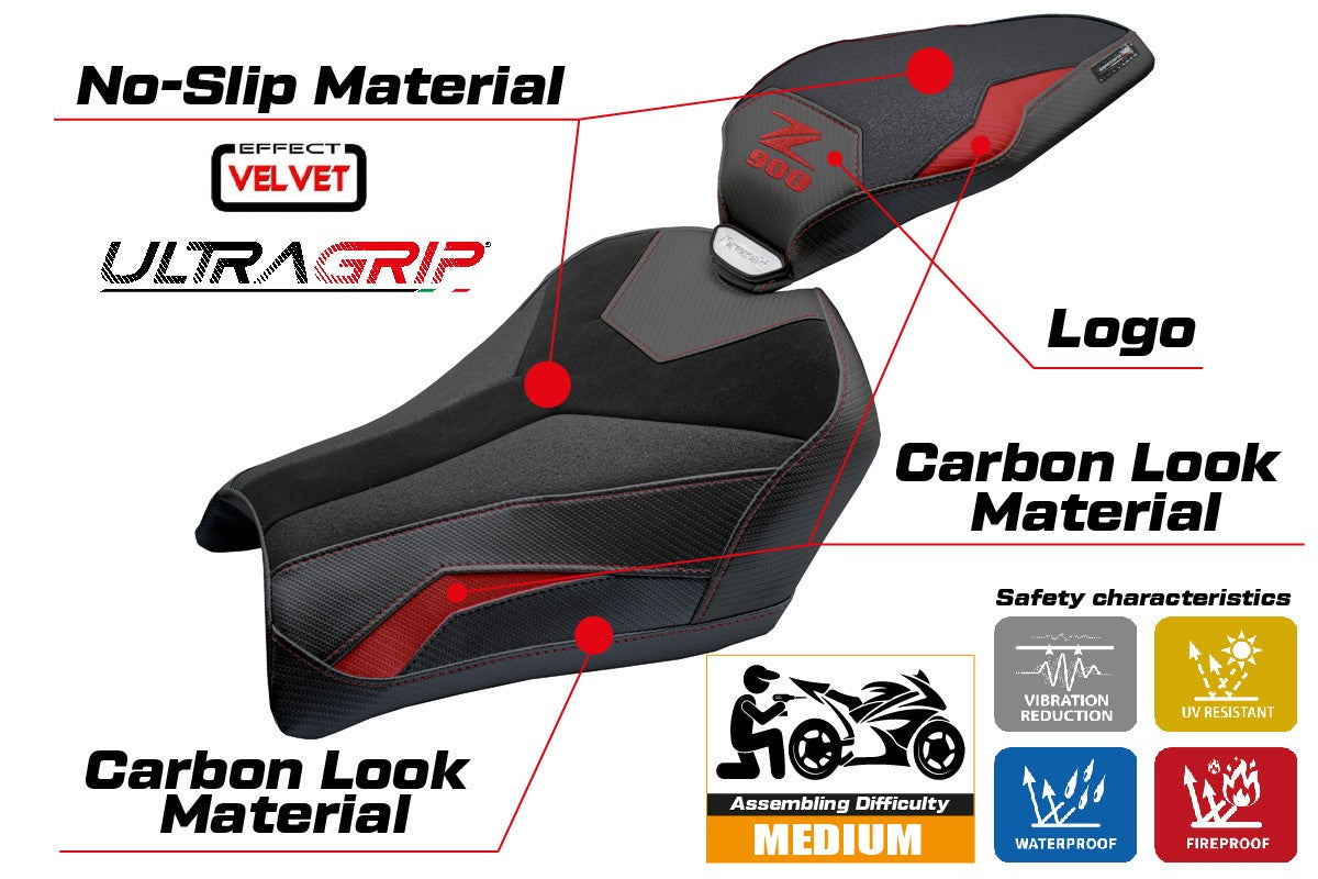 Tappezzeria Italia Kawasaki Z900 2025 Seat Cover Velvet Ultragrip Red Black