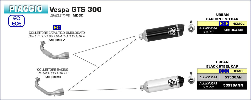 Arrow Vespa Gts 300 '21 Homologated Aluminum Dark Urban Silencer 53536ann