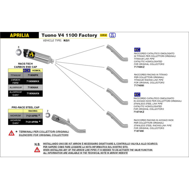 Arrow Aprilia Tuono 1100 V4 Factory '19/20 Homologated Catalytic Titanium Link Pipe 71746kz
