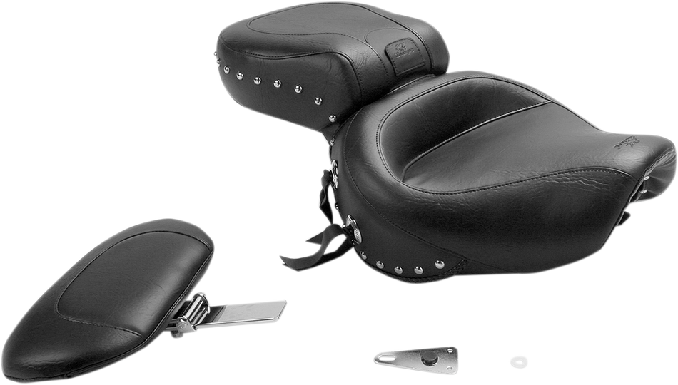 MUSTANG Seat - Wide Touring - With Driver Backrest - One-Piece - Chrome Studded - Black w/Conchos 79237