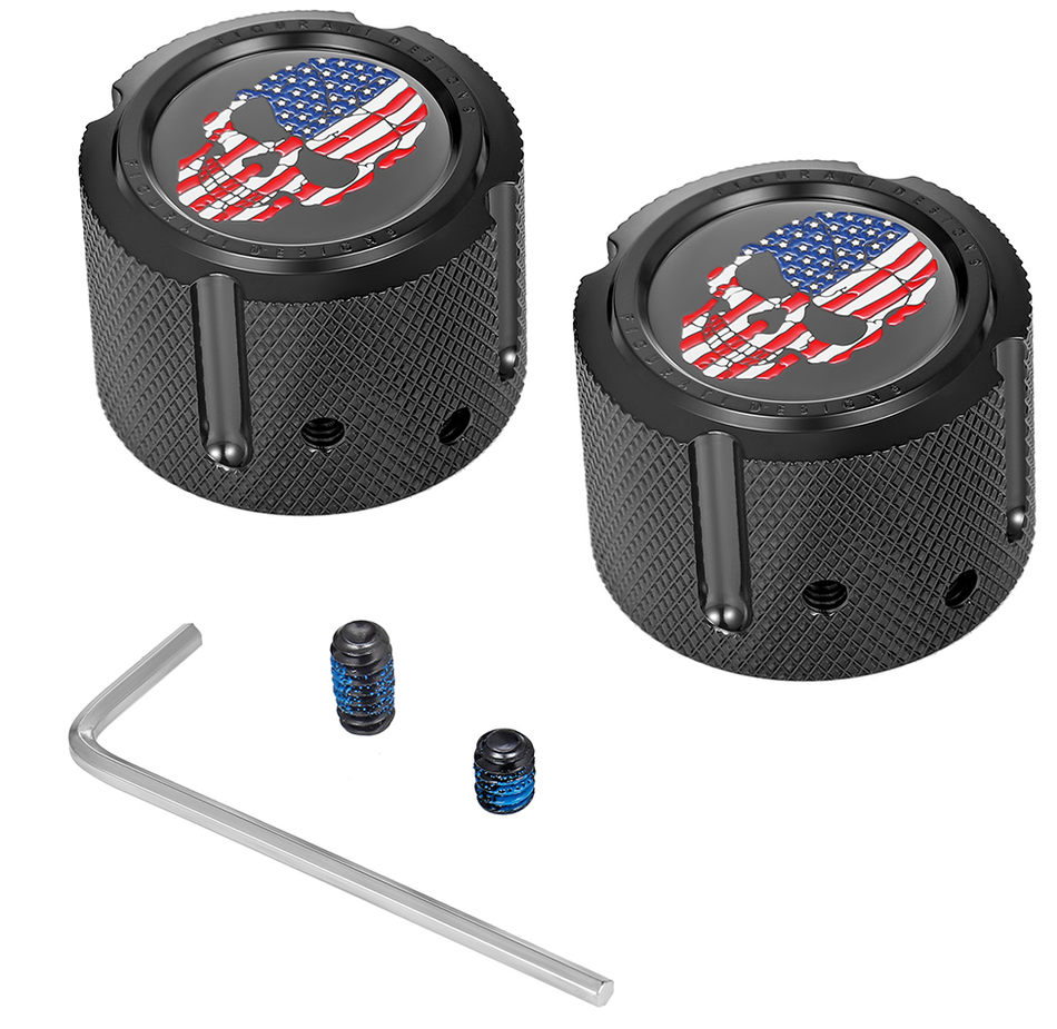 FIGURATI DESIGNS Front Axle Nut Cover - Stainless Steel - Black w/Red/White/Blue Flag Skull FD25-FAC-BK