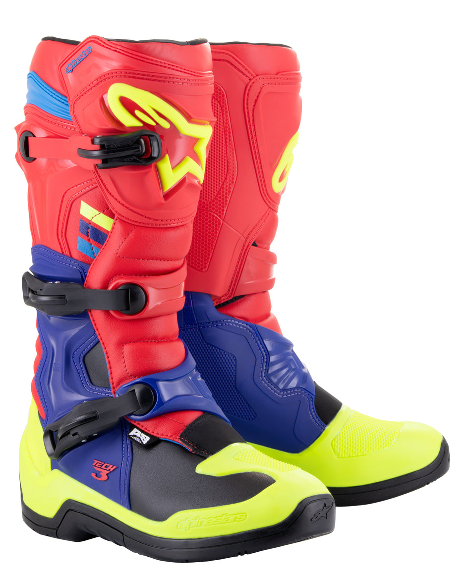 ALPINESTARS Tech 3 Boots Bright Red/Blue/Fluo Yel Sz 5 2013018-3375-5