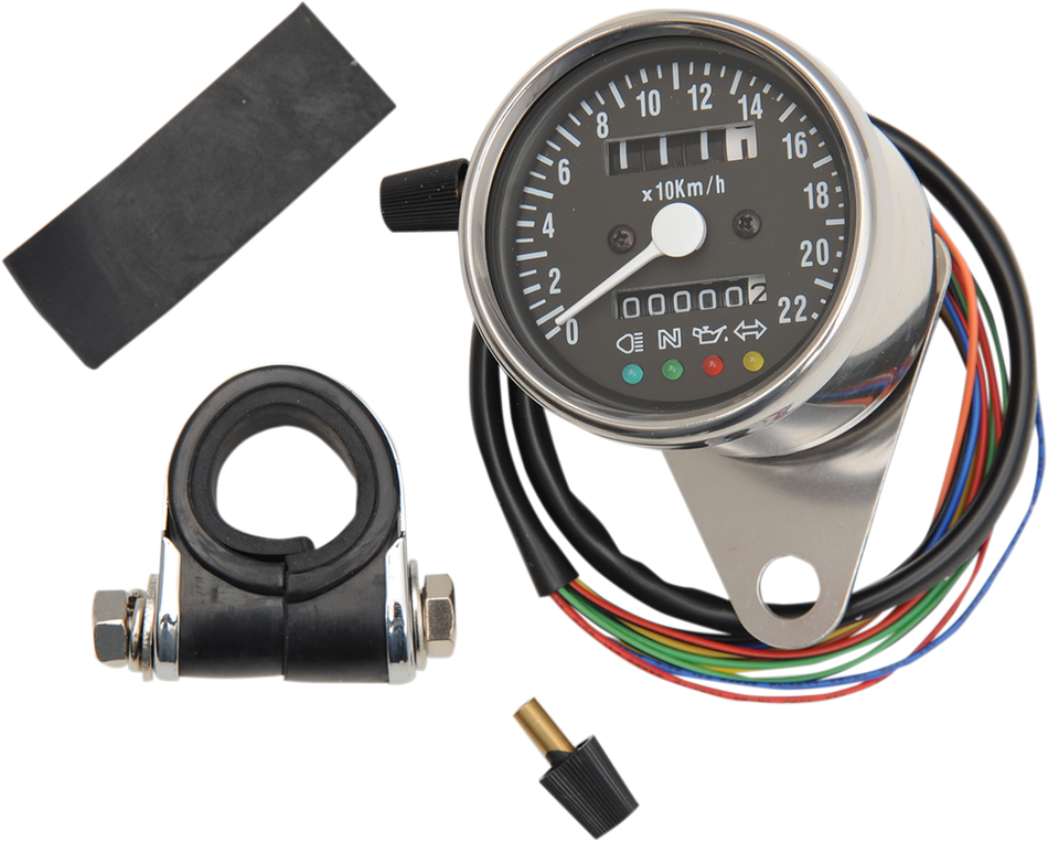 DRAG SPECIALTIES KPH Mini Mechanical Speedometer with LED Indicators - Black Face - 2:1 Ratio - 2.4" ACT 220KM/H SPEEDO 21-6818LEDPB