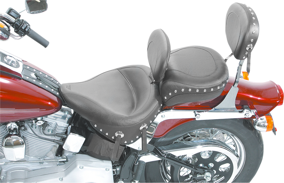 MUSTANG Wide Solo Seat - With Backrest - Black - Studded W/Concho - Softail '00-'05 79120