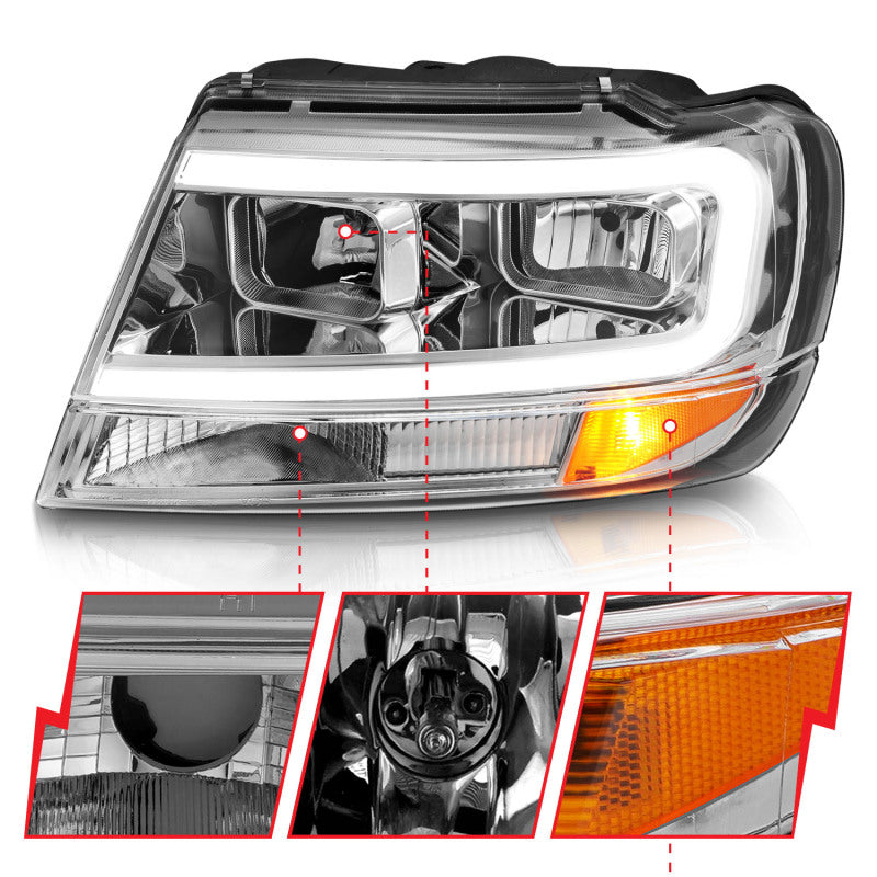 ANZO 1999-2004 Jeep Grand Cherokee Crystal Headlights w/ Light Bar Chrome Housing 111538