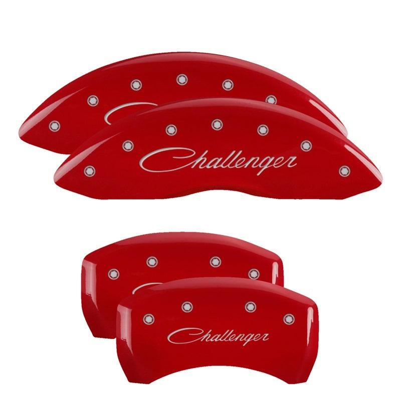 MGP 4 Caliper Covers Engraved Front & Rear Cursive/Challenger Red finish silver ch 12162SCLSRD