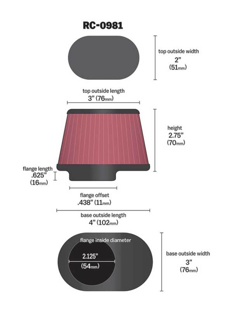 K&N Uni Chrome Oval Tapered Filter 2.125in FlgID x 4inB OL x 3inB OW x 3inT OL x 2inT OW x 2.75in H RC-0981