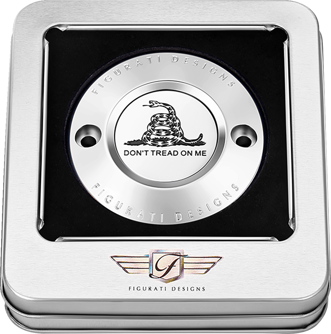 FIGURATI DESIGNS Timing Cover - 2 Hole - Don't Tread on Me - Stainless Steel FD40-TC-2H-SS