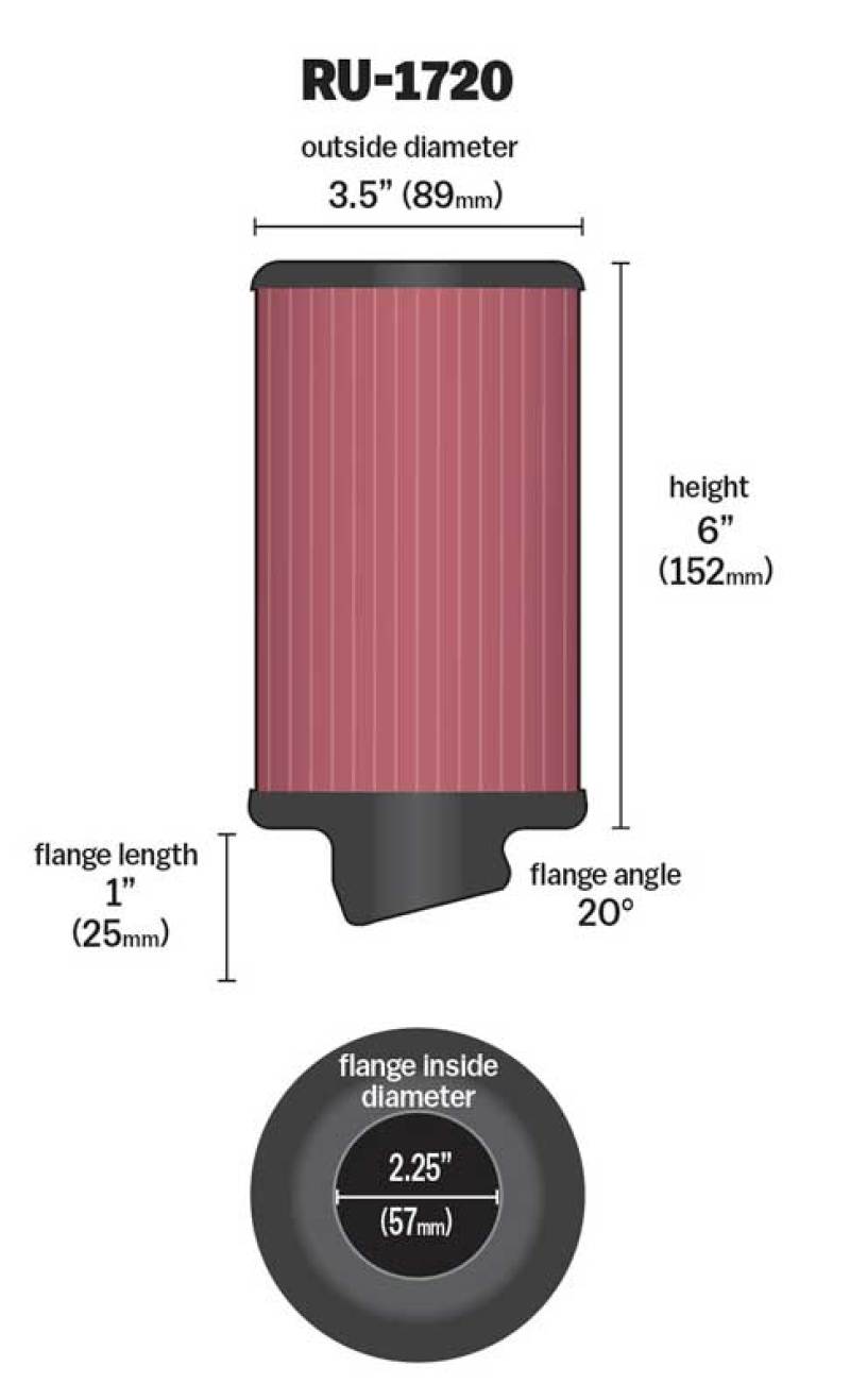 K&N Filter Universal Rubber Round Air Filter 20 Deg Flange Angle 2.25in Flange ID x 3.5in OD x 6in H RU-1720