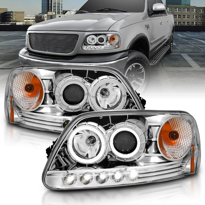 ANZO 1997.5-2003 Ford F-150 Projector Headlights w/ Halo and LED Chrome 1pc 111032