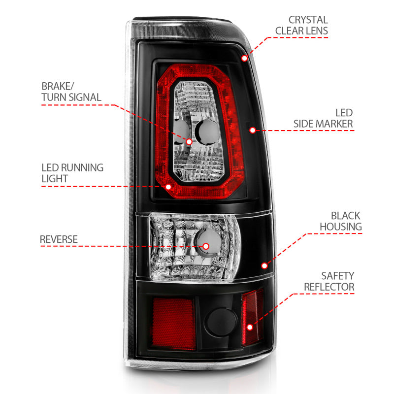 ANZO 1999-2002 Chevy Silverado 1500 LED Taillights Plank Style Black w/Clear Lens 311324