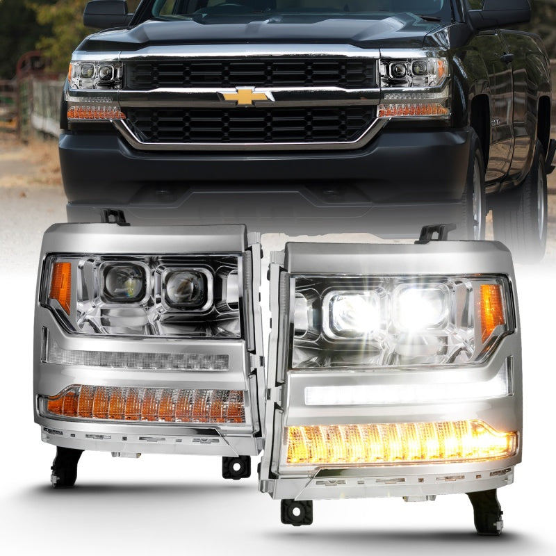 ANZO 16-18 Chevrolet Silverado 1500 LED Projector Headlights w/Plank Style Switchback Chrome w/Amber 111421