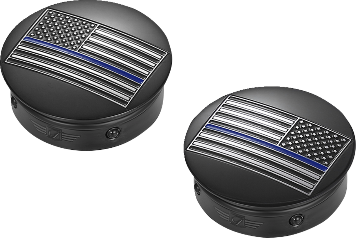 FIGURATI DESIGNS Swing Arm Covers - Blue Line American Flag - Custom - Black - Reversed FD71-AFBL-BLK