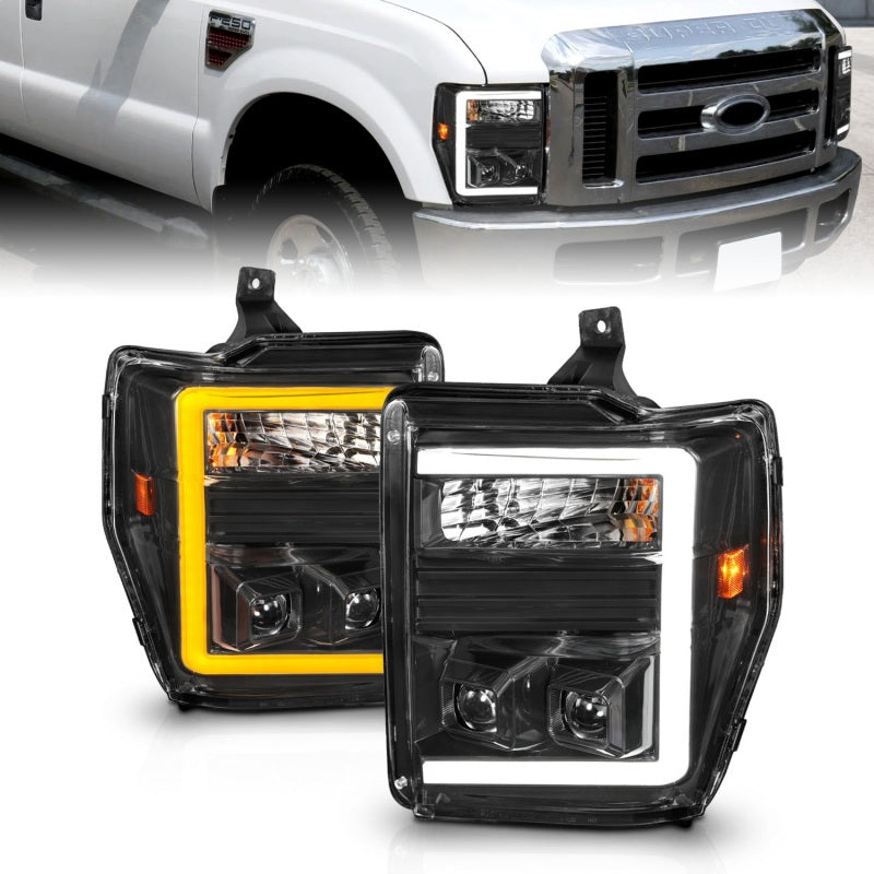 ANZO 08-10 Ford F-250 - F-550 Super Duty Projector Headlights w/ Light Bar Switchback Black Housing 111586