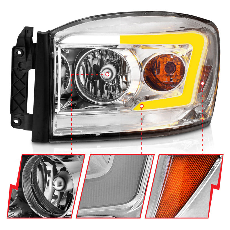 Anzo 06-09 Dodge RAM 1500/2500/3500 Headlights Chrome Housing/Clear Lens (w/Switchback Light Bars) 111527