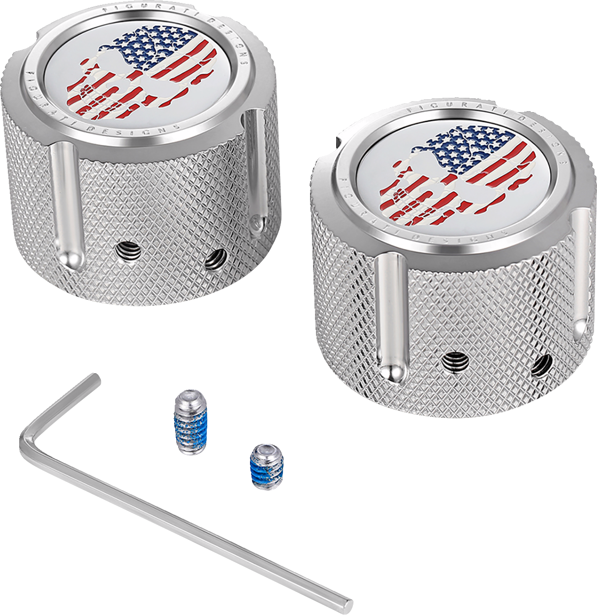 FIGURATI DESIGNS Front Axle Nut Cover - Stainless Steel - Red/White/Blue Flag Skull FD24-FAC-SS