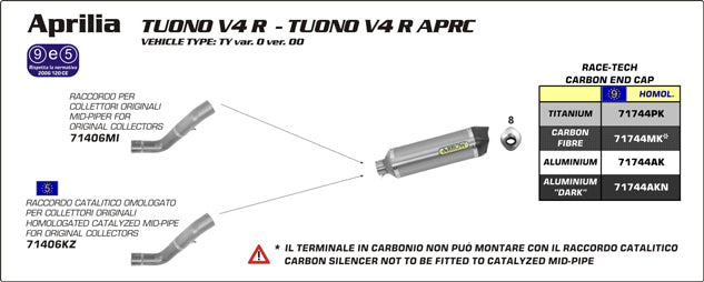 Arrow Aprilia Rsv4 15/16-Tuono V4 1100 '15/16 Homologated Carbon Race-Tech Silencer With Carbon End Cap For Arrow Link Pipe 71744mk