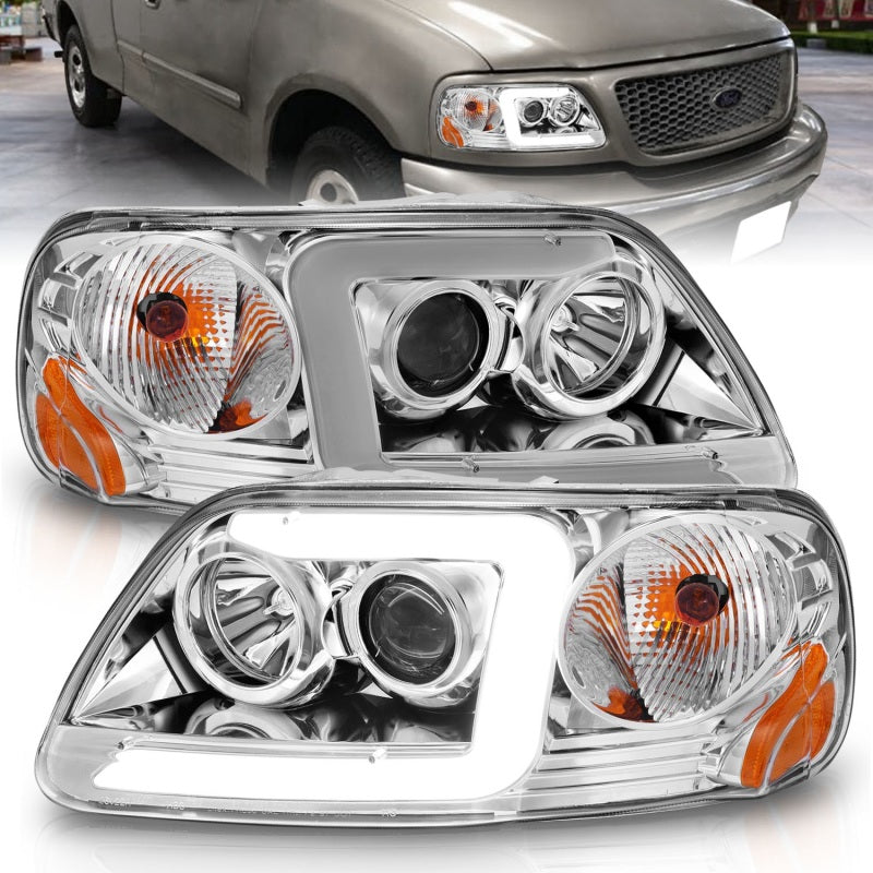 ANZO 1997-2003 Ford F-150 Projector Headlights w/ Light Bar Chrome Housing 111504