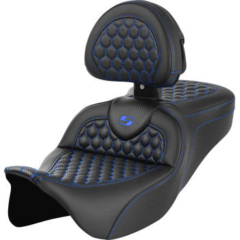 SADDLEMEN RoadSofa™ Seat - Honeycomb - Blue Stitch - with Backrest - FLH/FLT '08-'23  A808-07R-189BLU