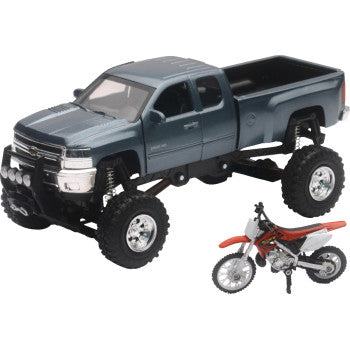 New Ray Toys Chevrolet Silverado Offroad Pick Up w/ Honda Dirt Bike - 1:32 Scale - Gray/Black/Red SS-54426