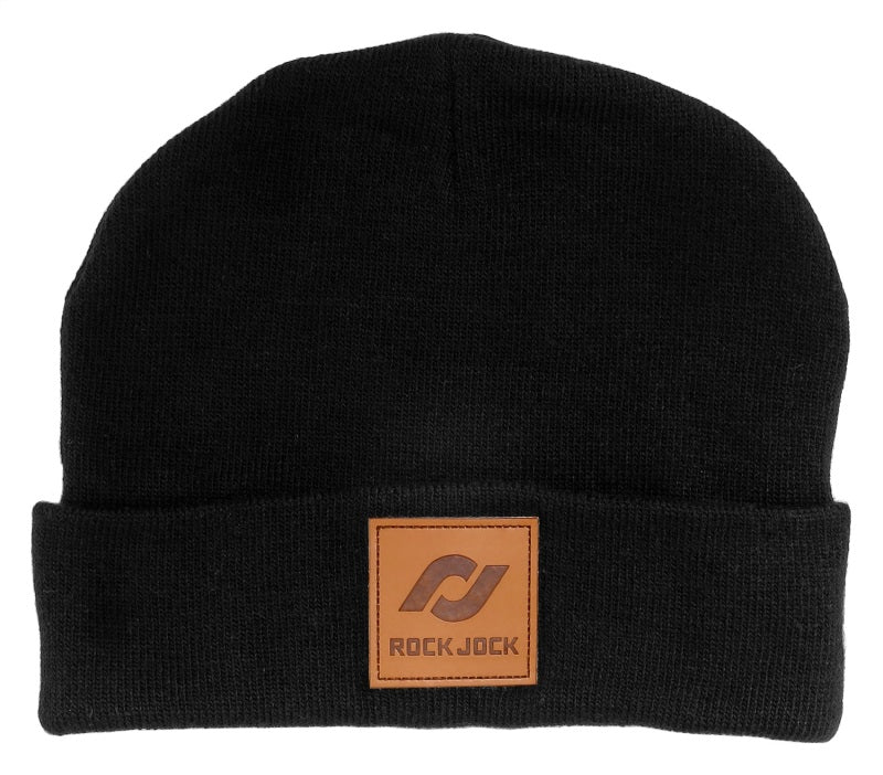 RockJock Beanie Black w/ Leather Patch RJ Logo One Size Fits All