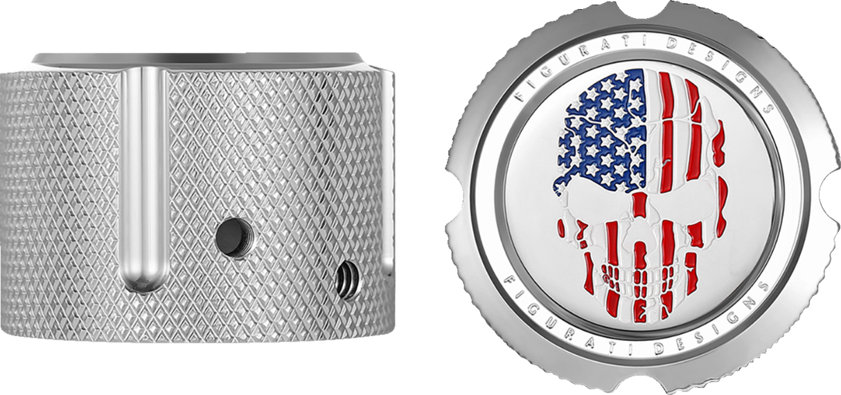 FIGURATI DESIGNS Front Axle Nut Cover - Stainless Steel - Red/White/Blue Flag Skull FD24-FAC-SS