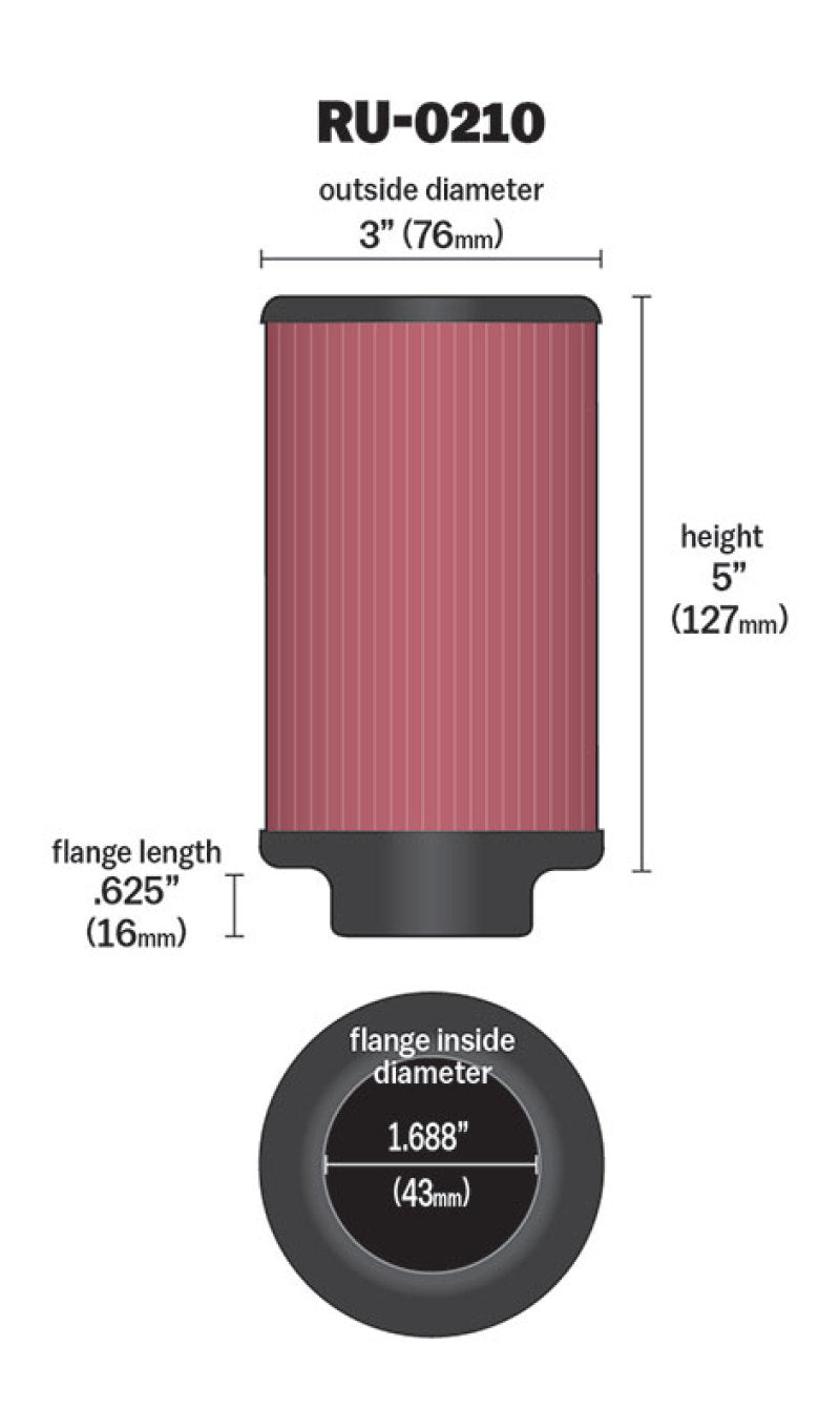 K&N Filter Universal Rubber Filter 1-11/16in FLG / 3in OD / 5in Height RU-0210