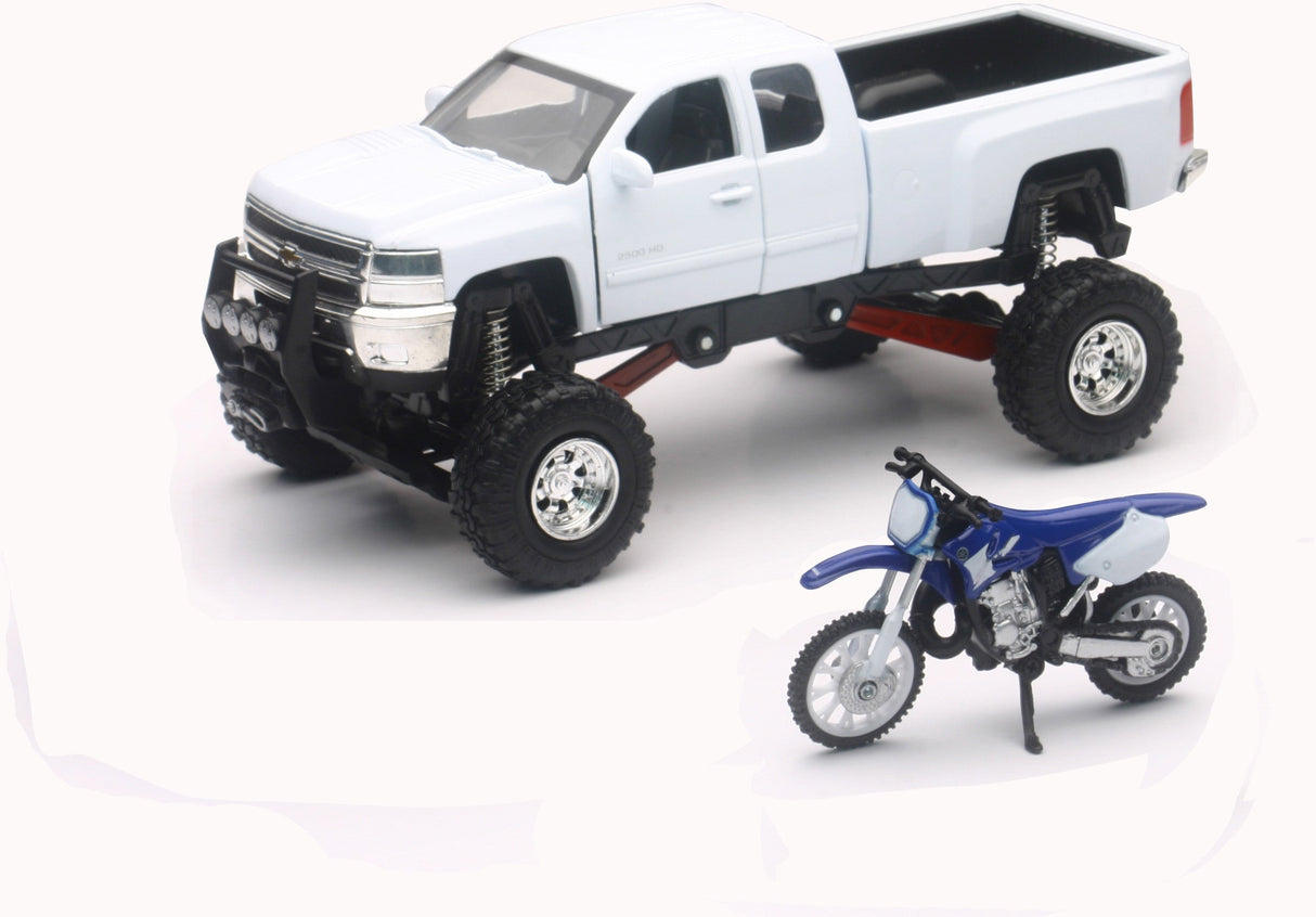 NEW-RAYReplica 1:43 Truck/Race Bike Chevy White/Yamaha Bike BlueSS-54416