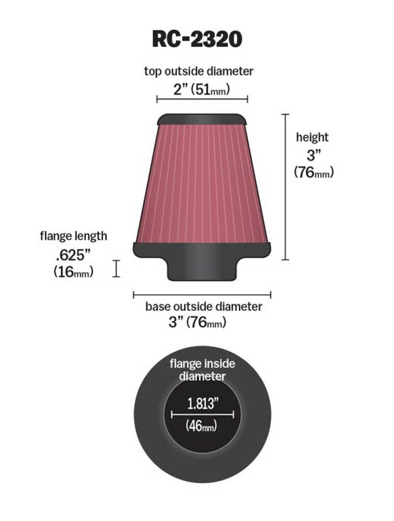 Universal Air Filter 1-13/16in FLG / 3in Bottom / 2in Top / 3in Height RC-2320