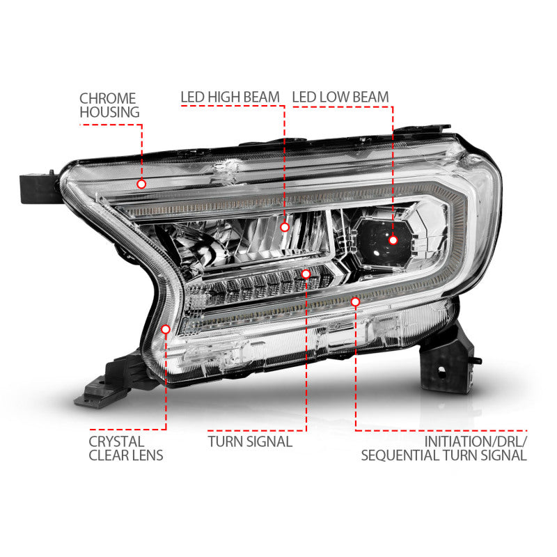 ANZO 19-23 Ford Ranger Full LED Projector Headlights w/ Initiation & Sequential - Chrome 111614