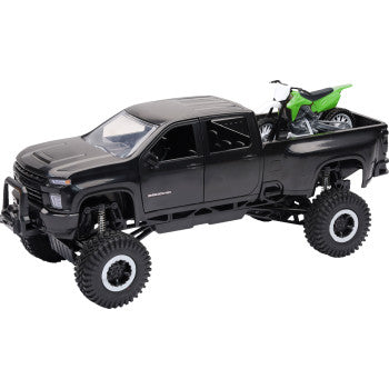 New Ray Toys Chevrolet 3500HD Offroad Pick Up w/ Dirt Bike - 1:32 Scale - Black/Green SS-37596