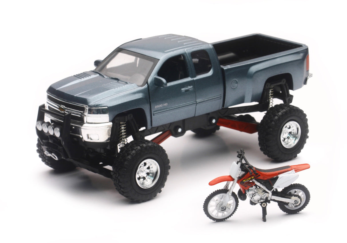 NEW-RAYReplica 1:43 Truck/Race Bike Chevy Grey/Honda Bike RedSS-54426