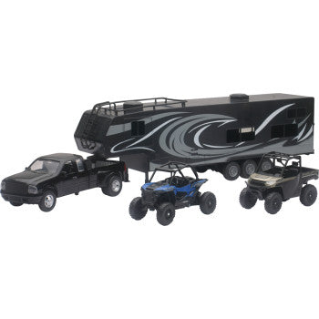 New Ray Toys Pick Up Toy Hauler w/ Polaris Vehicles Set - 1:18 Scale - Black/Blue/Red 37046