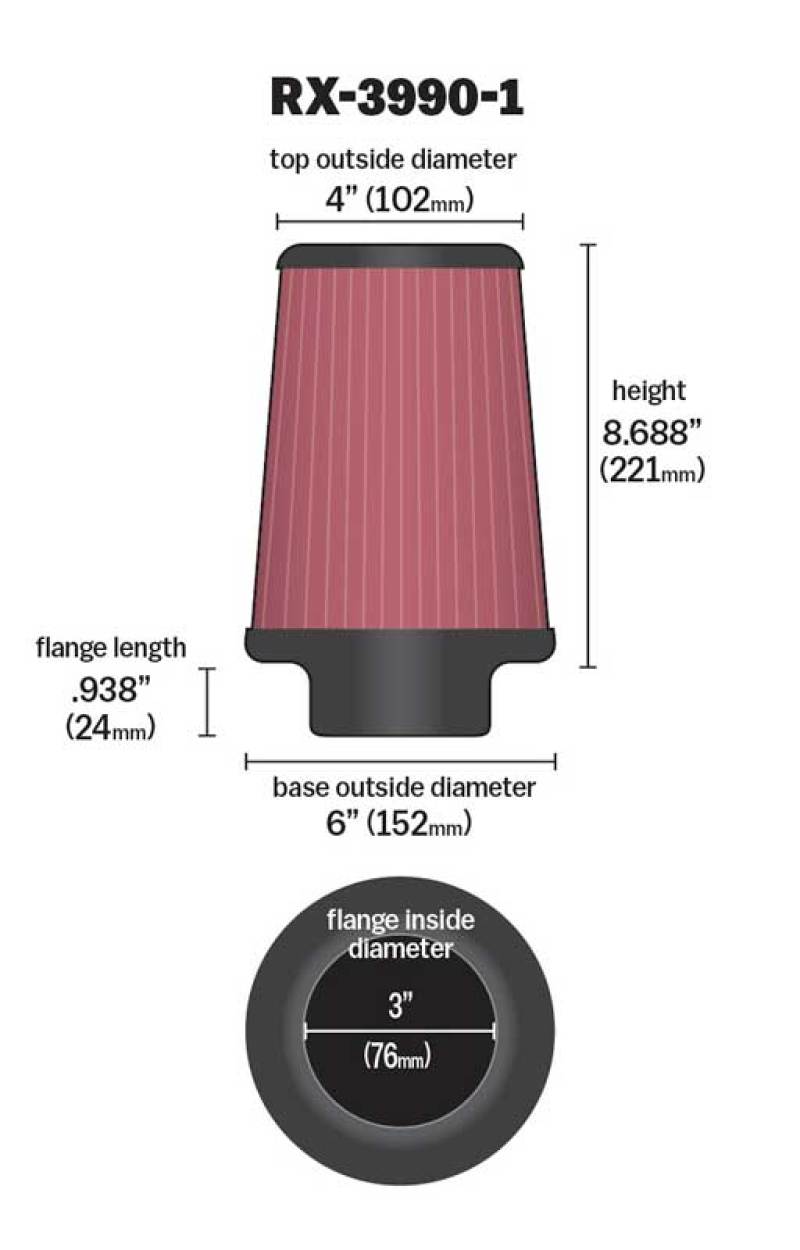 K&N Filter Universal X Stream Clamp-On 4in Top OD x 6in Base OD x 8.688in H x 3in Flange ID RX-3990-1