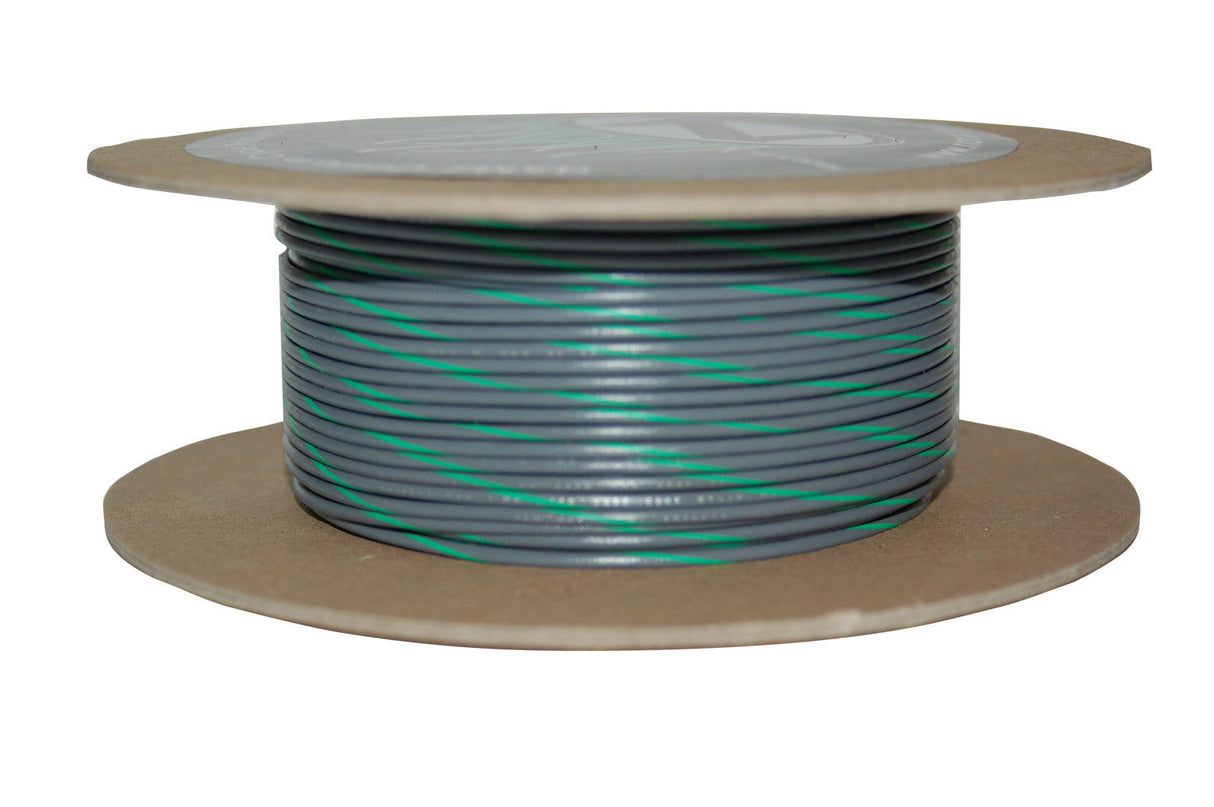 NAMZ CUSTOM CYCLE#18-Gauge Grey/Green Stripe 100' Spool Of Primary WireNWR-85-100