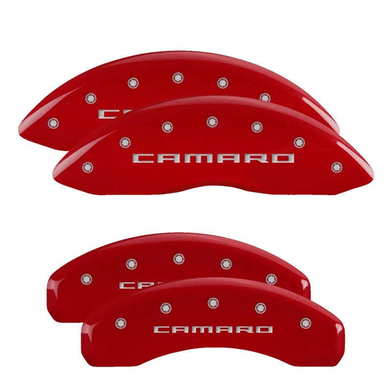 MGP 4 Caliper Covers Engraved Front & Rear Gen 5/Camaro Red finish silver ch 14033SCA5RD