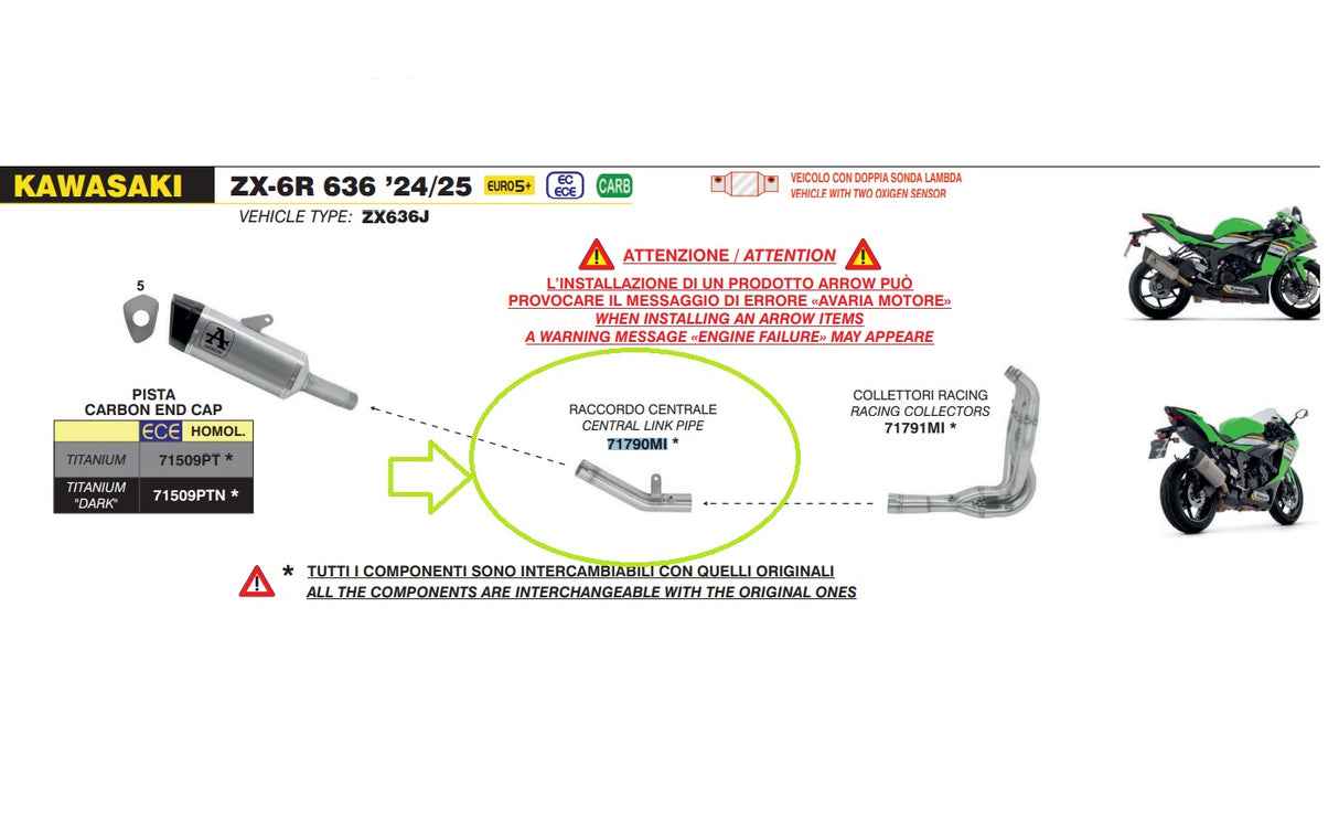 71790MI Arrow Racing Central Link Pipe for Kawasaki ZX-6R 636 2024-2025