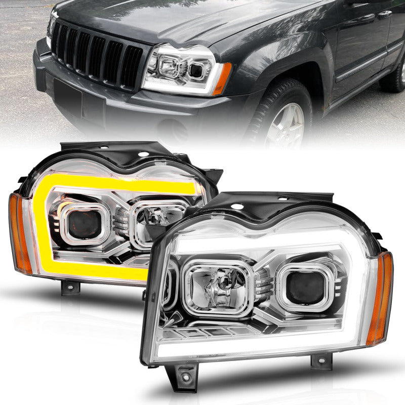 ANZO 05-07 Jeep Grand Cherokee Projector Headlights - w/ Light Bar Switchback Chrome Housing 111544